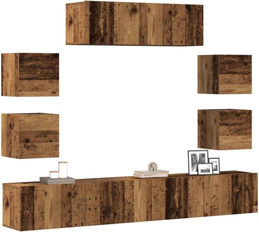 TV-skapsett 7 deler veggmontert gammelt tre konstruert tre