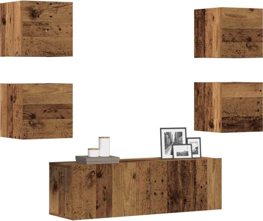 TV-skapsett 5 deler veggmontert gammelt tre konstruert tre