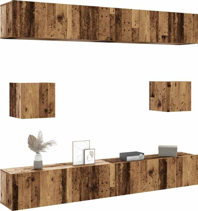 TV-skapsett 6 deler veggmontert gammelt tre konstruert tre