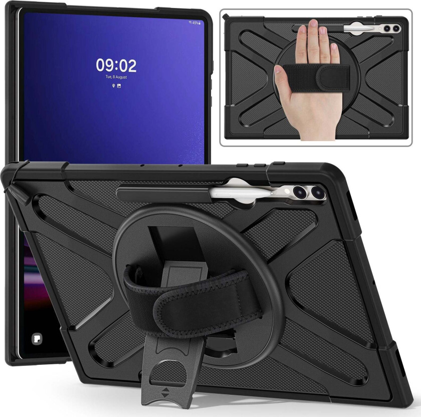 Samsung Galaxy Tab S10 Ultra X920 / S8 Ultra X900 X906 / Tab S9 Ultra X910 Støtsikkert deksel med Håndholder & Kickstand - Svart
