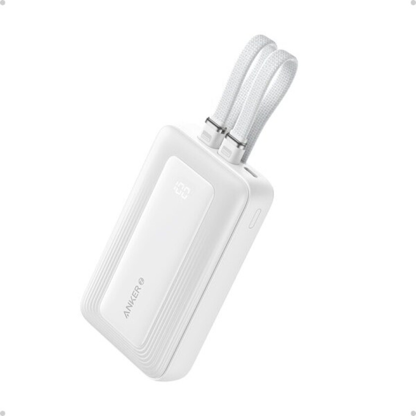 (10K.30W Built-In USB-C+Lightning Cable) Nødlader - Hvit - 10000 mAh