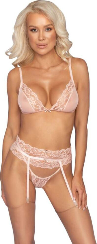 Set with bra, thong & suspenders - pink
