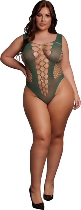 Green V-Neck Teddy with Opaque Panels - plus Size