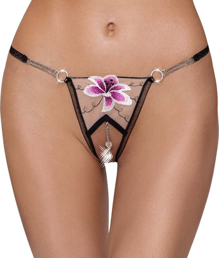 Thong with open crotch, flower, pearls and rhinestones