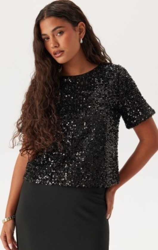 Pcserena Sequin Ss O-neck Top Black Detail:black Detail XL