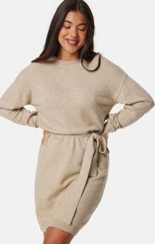 Viril O-neck L/S BELT KNIT DRESS Natural Melange M