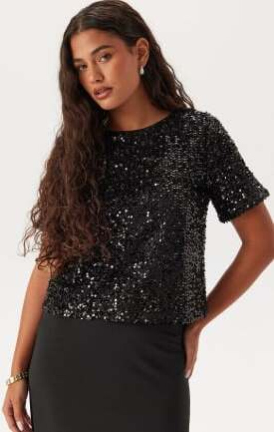 Pcserena Sequin Ss O-neck Top Black Detail:black Detail XS