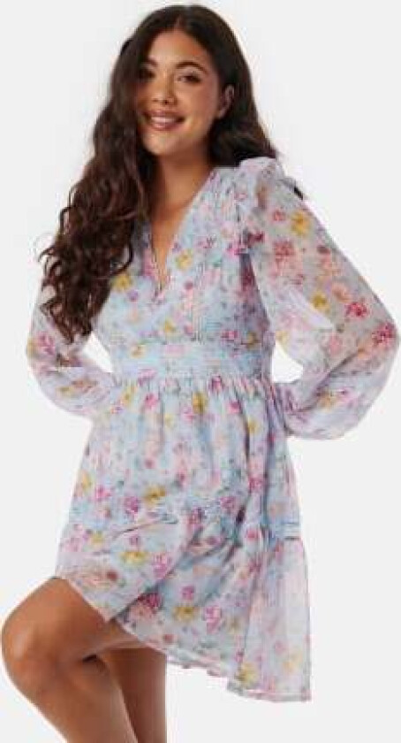 Viroman New V-neck L/S Short Dress Kentucky Blue Aop:flower 42