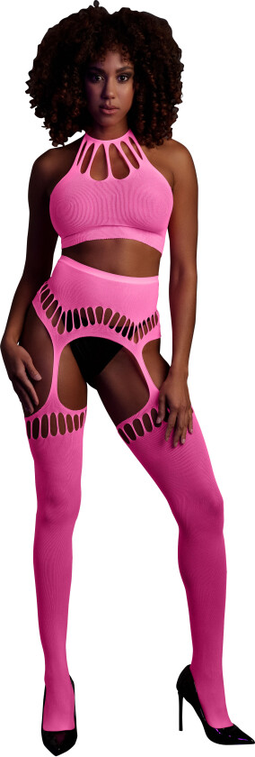 Pink Two Piece with Crop Top and Stockings