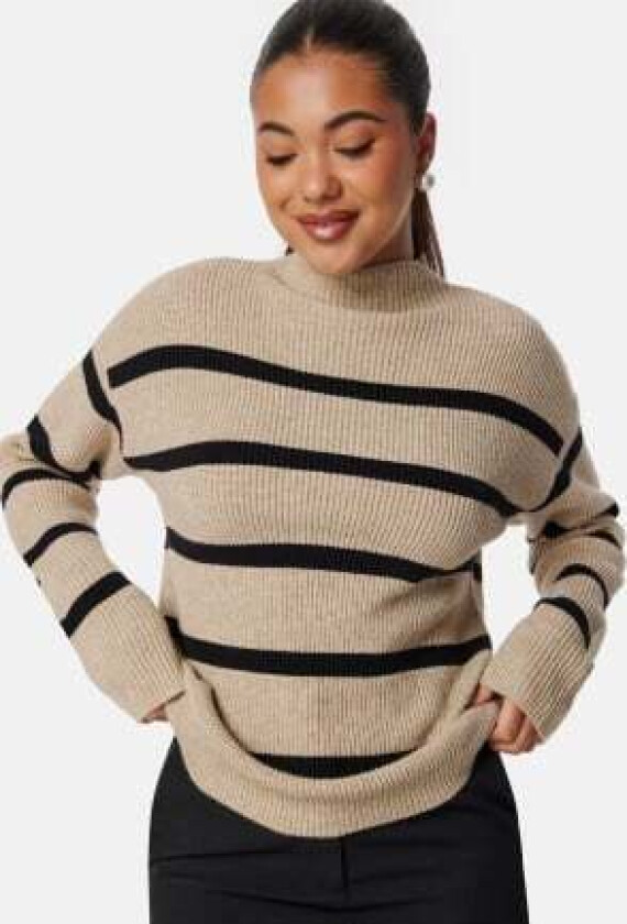 Viril Mockneck L/S Knit Rib Top Natural Melange Stripes:BLACK XL