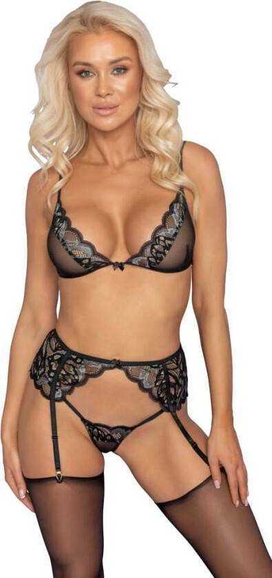 Set with bra, thong & suspenders - black