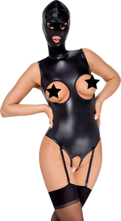Black crotchless suspender body with head mask