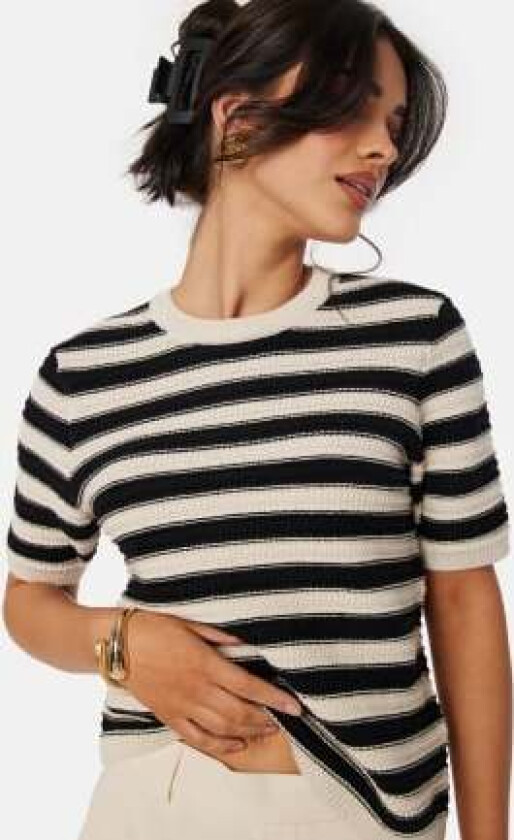 Slfdora SS knit O-Neck Birch Stripes:Black L