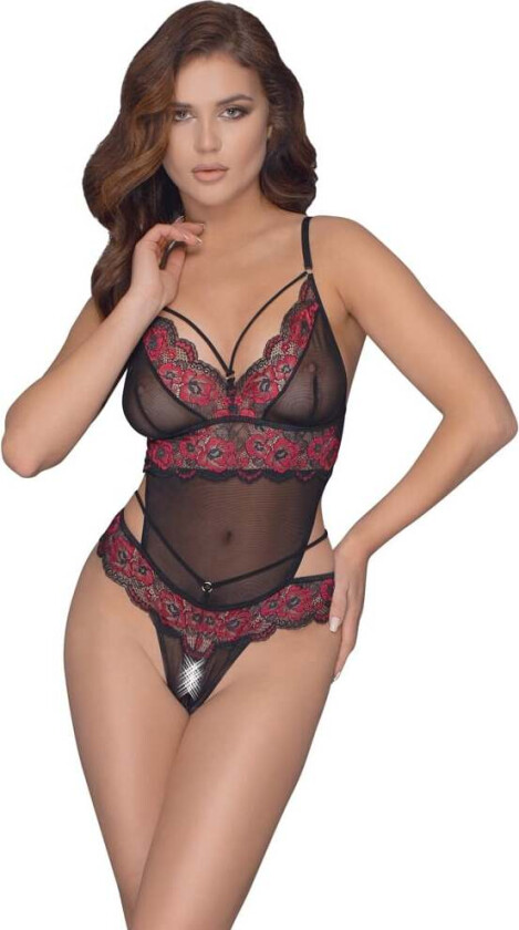 Crotchless Body with Laced Floral Pattern - Black/Red
