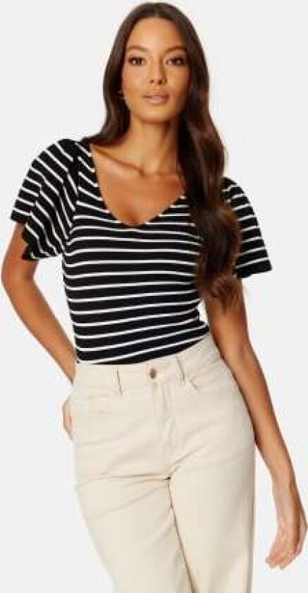 Leelo Stripe S/S Back Pullover Knit Black Stripes:CLOUD XS