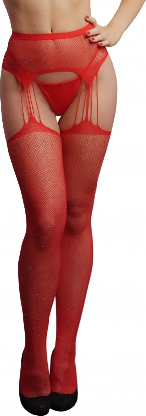 Suspender Rhinestone Pantyhose - Red -
