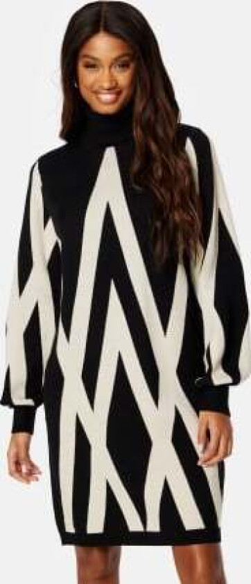 Ray L/S Knit Rollneck Dress Black Pattern:SANDSHELL GRAP XS
