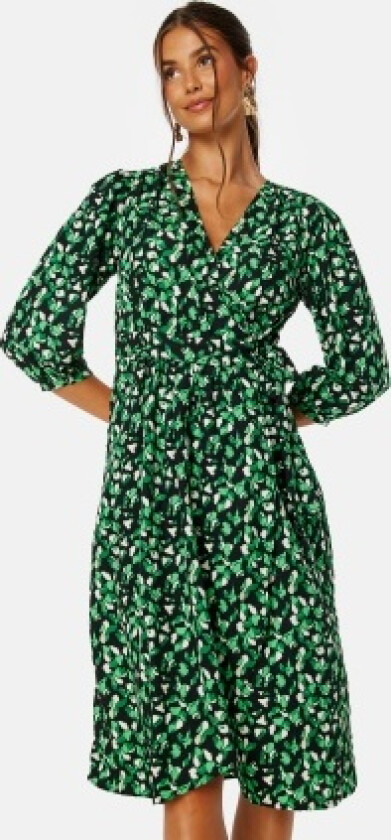 Meda Bri V-neck 3/4 Mid Calf Dress/SU Black AOP:Bri Print 36
