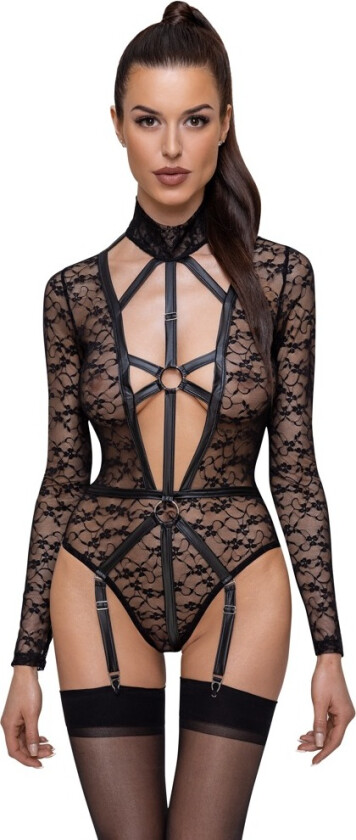 BLACK LONG-SLEEVED LACE BODY WITH SUSPENDERS
