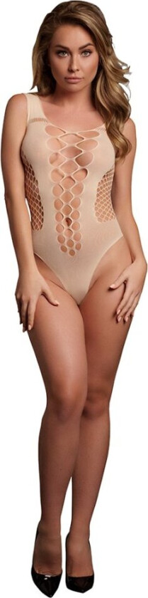 Beige V-Neck Teddy with Opaque Panels - One Size