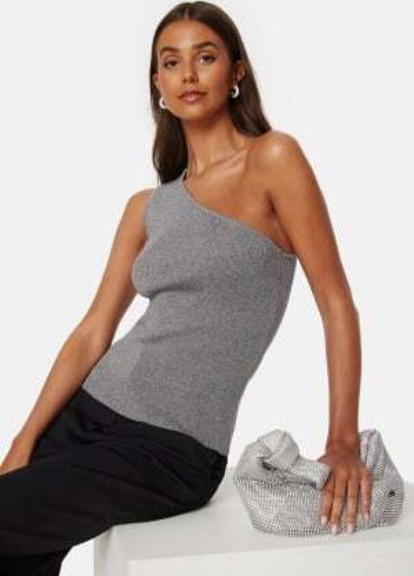 Lura Lurex One Shoulder Knit Top Medium Grey Melange XL