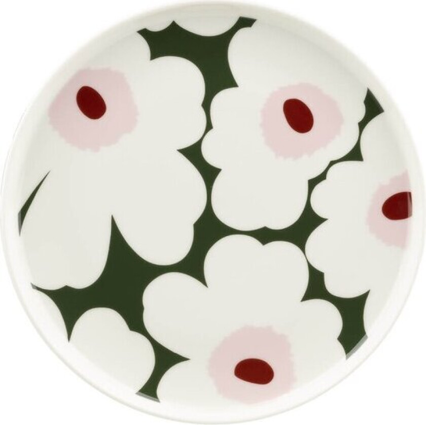 - Unikko asjett 20 cm hvit/mørk grønn/rosa