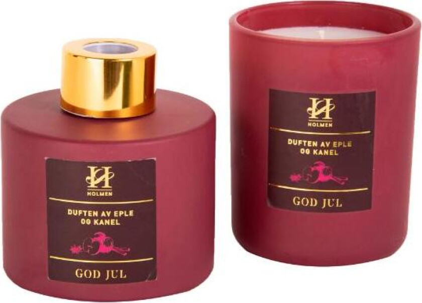 - Jul gavesett duftlys & duftpinner eple og kanel rød