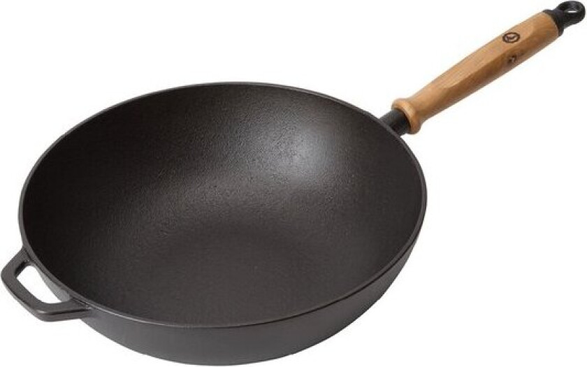 - Signerat wokpanne støpejern 32 cm eiketre/svart