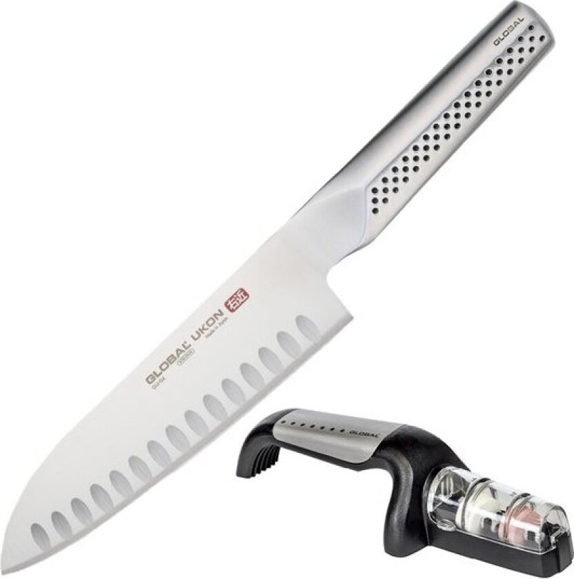 - Ukon knivsett santokukniv GU-04 hulslipt 19 cm + knivsliper G-91/SB våtslip