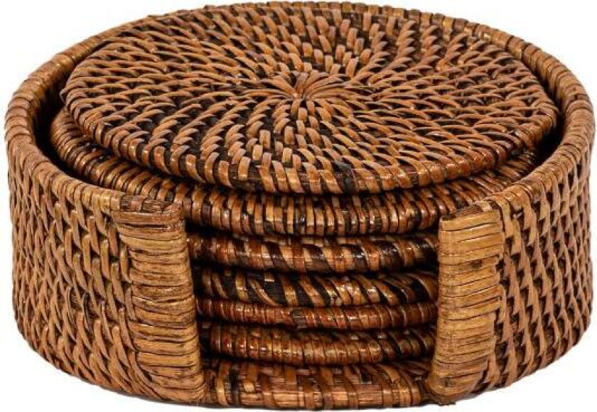 Bilde av - Rattan glassbrikke 6 stk i stativ brun