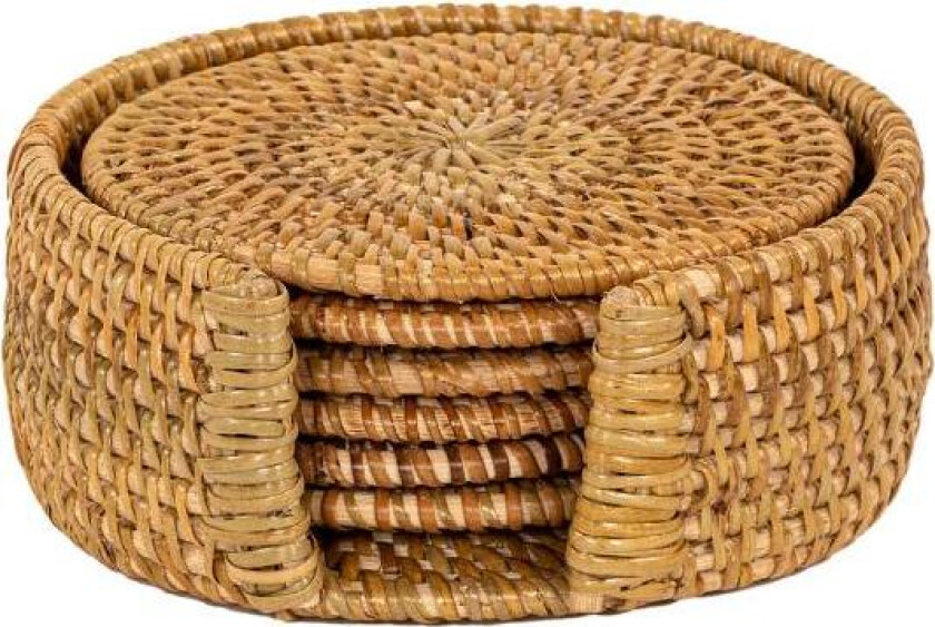 Bilde av - Rattan glassbrikke 6 stk i stativ beige