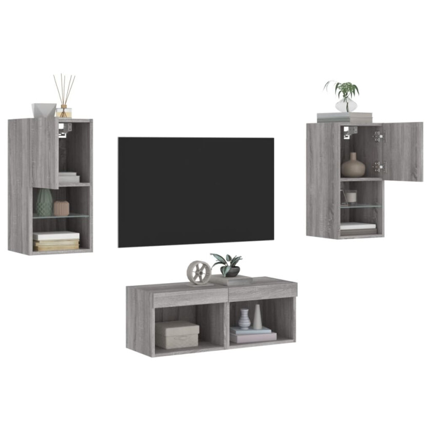 Vegghengte TV-benker med LED 4 stk grå sonoma