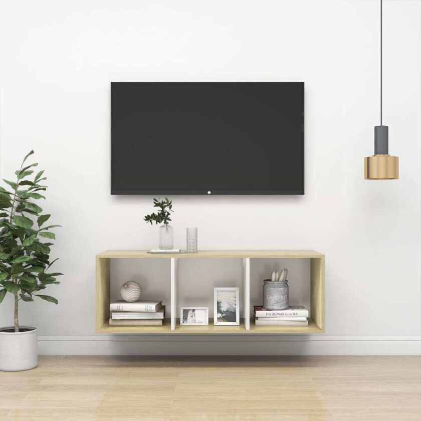 Vegghengt TV-benk sonoma eik og hvit 37x37x107 cm sponplate