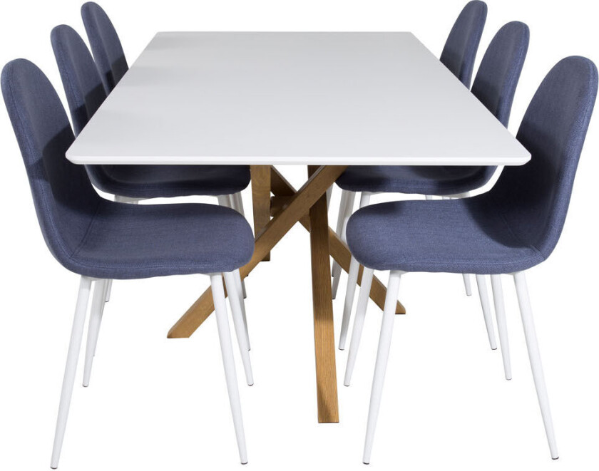 Piazza180x90WHNA spisegruppe spisebord hvit og 6 Polar spisestuestoler blå, hvit.