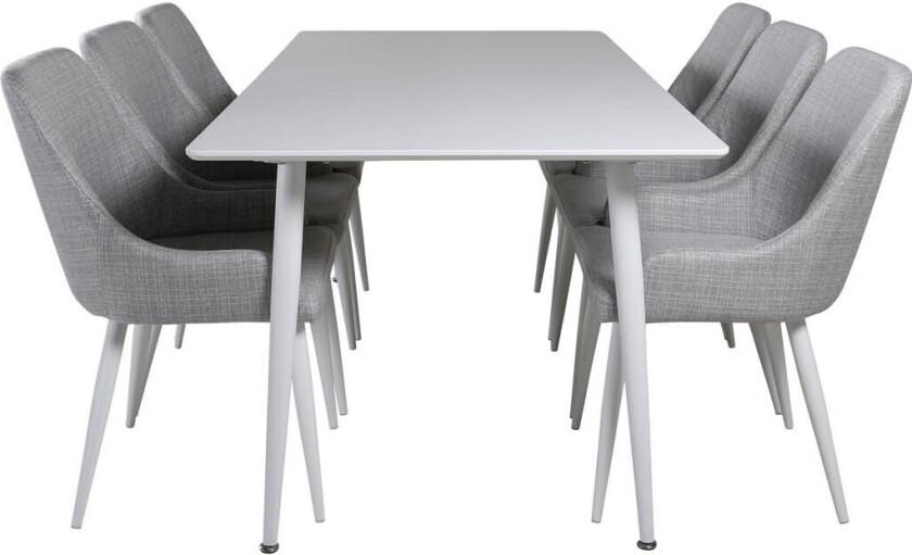 Polar180X90WHWH spisegruppe spisebord hvit og 6 Plaza spisestuestoler grå, hvit.