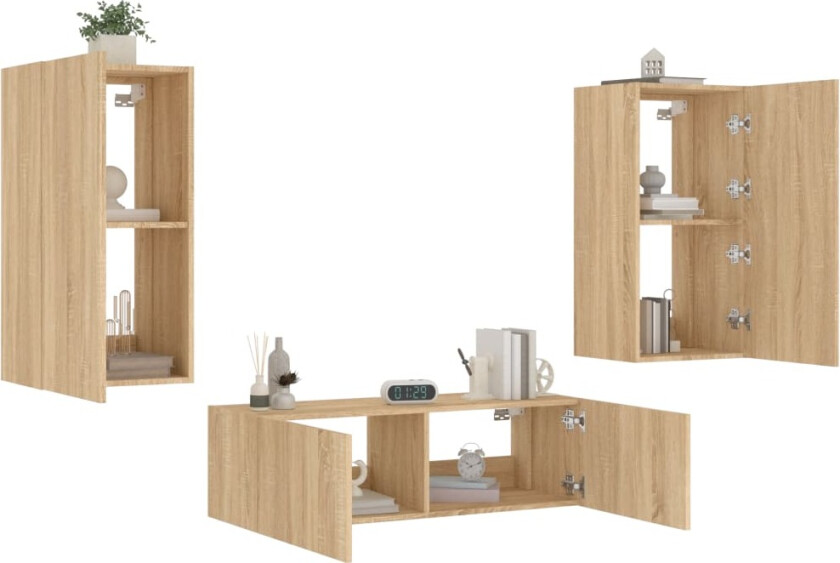 Vegghengte TV-benker med LED 3 stk sonoma eik