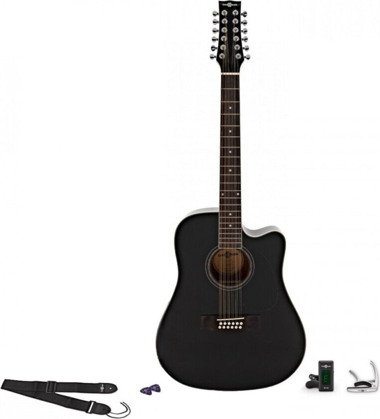 Bilde av Gear4Music Dreadnought 12 Strengers Akustisk Gitar Svart + Tilbehørspakke