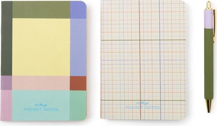 Skrivesett med notatbøker, kulepenn og pennholder Inkerie