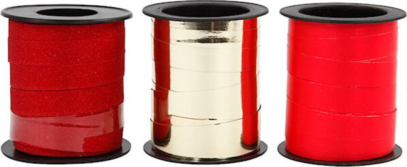 Gavebånd, B: 10 mm, gull, rød, rød glitter, 3x15m/ 1 pk.