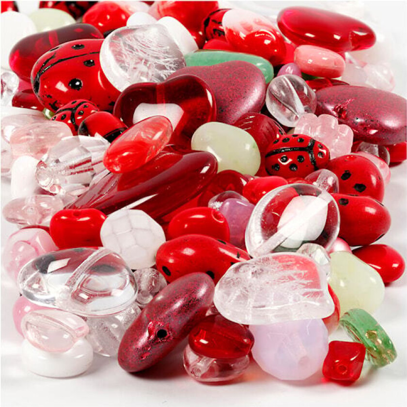 Glassperler, mariehøner, blad, hjerter, dia. 5-22 mm, hullstr. 0,5-1,5 mm, ass. farger, 350g/ 1 pk.