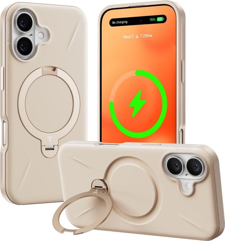 TORRAS iPhone 16 Fleksibelt Plast Deksel m. Ring Kickstand - Beige