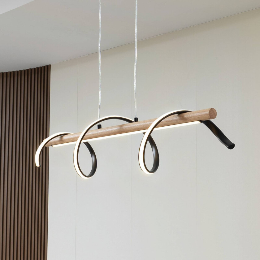 Lindby LED-hengelampe Spiraali, grå, tre, lengde 95 cm