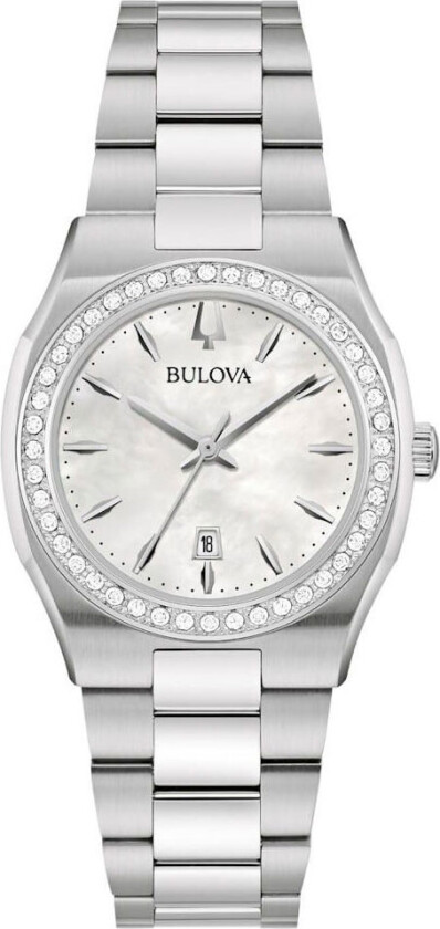 Elegant dameklokke fra Bulova med perlemorskive og diamantbesatt bezel i rustfritt stål - Surveyor Collection | 96R245 - Kvarts - Sølv -...