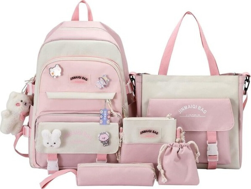 5 stk Kawaii Ryggsekksett med Bjørn-Hengslet, Tilbake til Skolen-Rekvisita, Søte Kanin-Nålestøtter Stor Lerretrusse med Tote Bag (rosa)