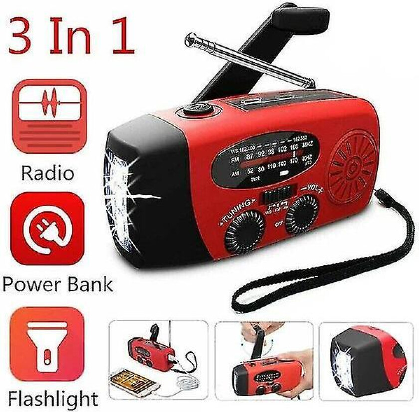 Opptrekkbar radio, nødradio solbærbar 2000mah Powerflashlight