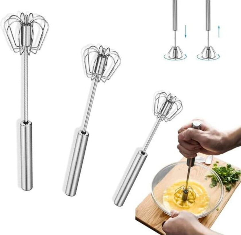 3 stk. halvautomatisk visp, rustfritt stål eggvisp, manuell visp kjøkkenvisp, trykkvisp, roterende mikser, eggvisp, for matlaging, miksing, røring