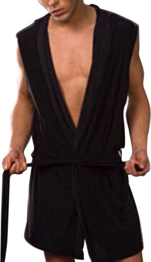 Silkeslen badekåpe for menn Pyjamas Hetteskjor Sovetøy Ermeløs Black XL