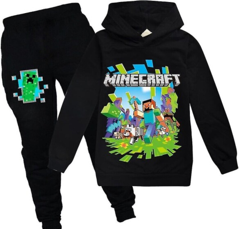 Bilde av Barn Minecraft treningsoverall sett med trykt hettegenser og bukse casual V .q Black 140cm