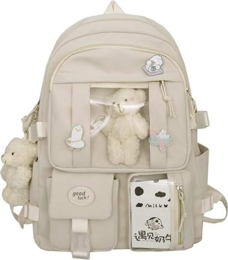 Kawaii Skolesekk for Jenter Søt Estetisk Ryggsekk Skoleveske med Pins og Tilbehør White