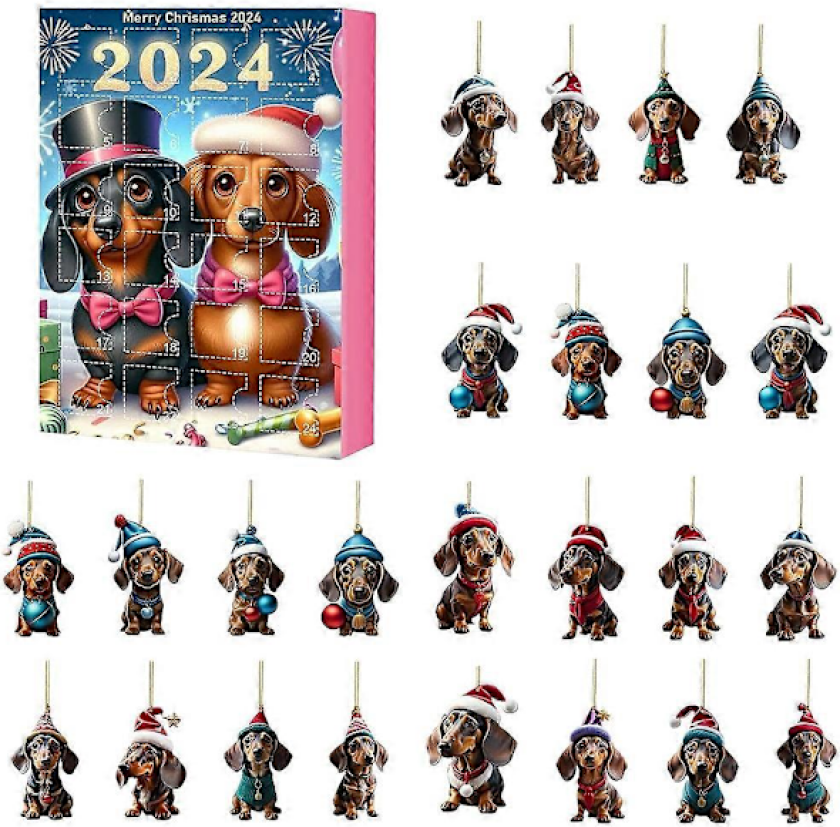 Adventskalender 2024 Jul 24 Dagers Nedtelling 2D Akryl Dachshund Hund Henger Ornamenter Blindboks Overraskelsesgave